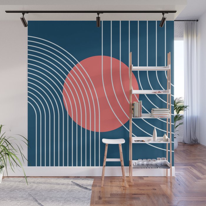 Geometric Lines in Sun Rainbow Abstract 8 in Midnight Blue Coral Wall Mural