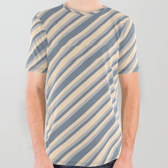 Bisque, Grey, and Light Slate Gray Colored Striped Pattern All Over Graphic Tee
