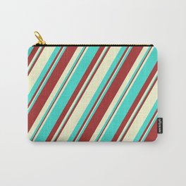 [ Thumbnail: Brown, Light Yellow, and Turquoise Colored Lined Pattern Carry-All Pouch ]