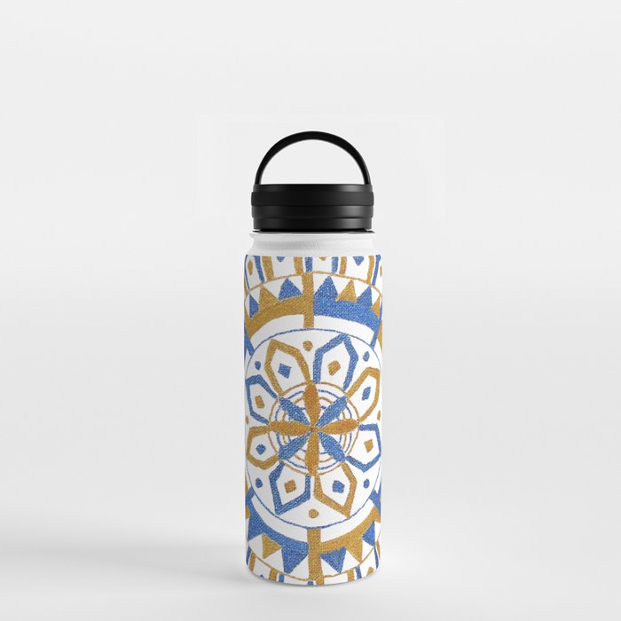 Metallic Blue and Gold Acrylic Painting Mandala Square with White Background Water Bottle