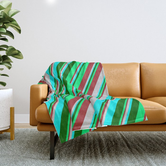 Colorful Brown, Light Grey, Cyan, Dark Green, and Green Colored Stripes Pattern Throw Blanket