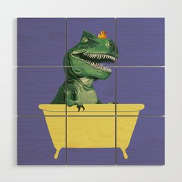 Playful T-Rex in Bathtub in Purple Wood Wall Art
