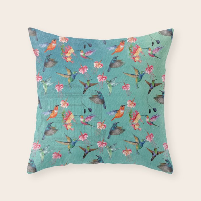 Vintage Watercolor hummingbirds and fuchsia flowers Throw Pillow by