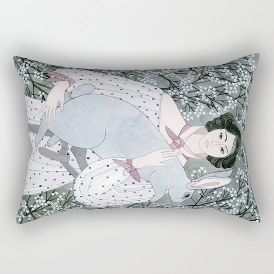 Girl and rabbit among flowers Rectangular Pillow