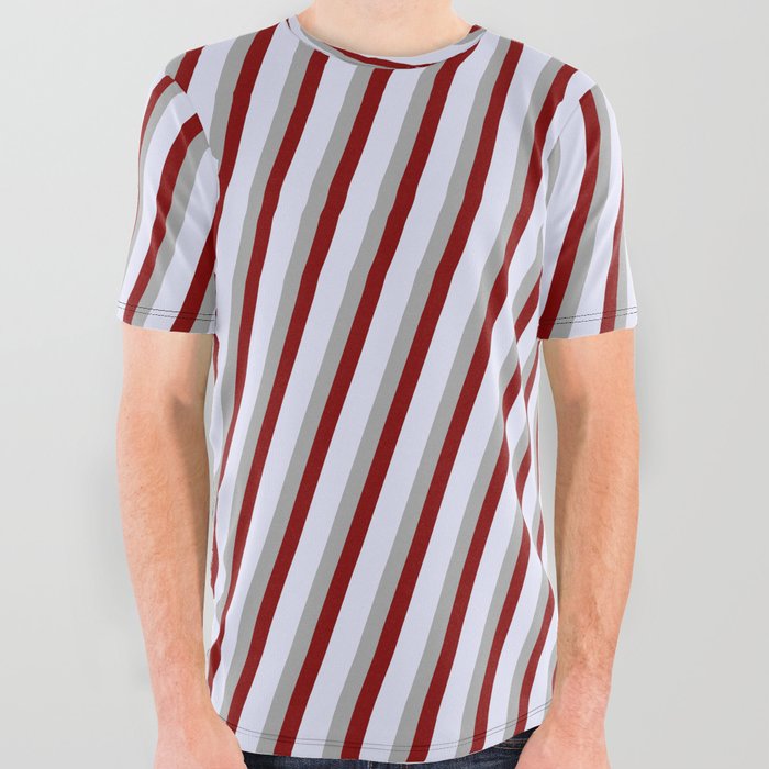 Dark Gray, Maroon, and Lavender Colored Lines/Stripes Pattern All Over Graphic Tee