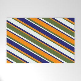 [ Thumbnail: Midnight Blue, Dark Orange, Dark Olive Green, and Mint Cream Colored Pattern of Stripes Welcome Mat ]