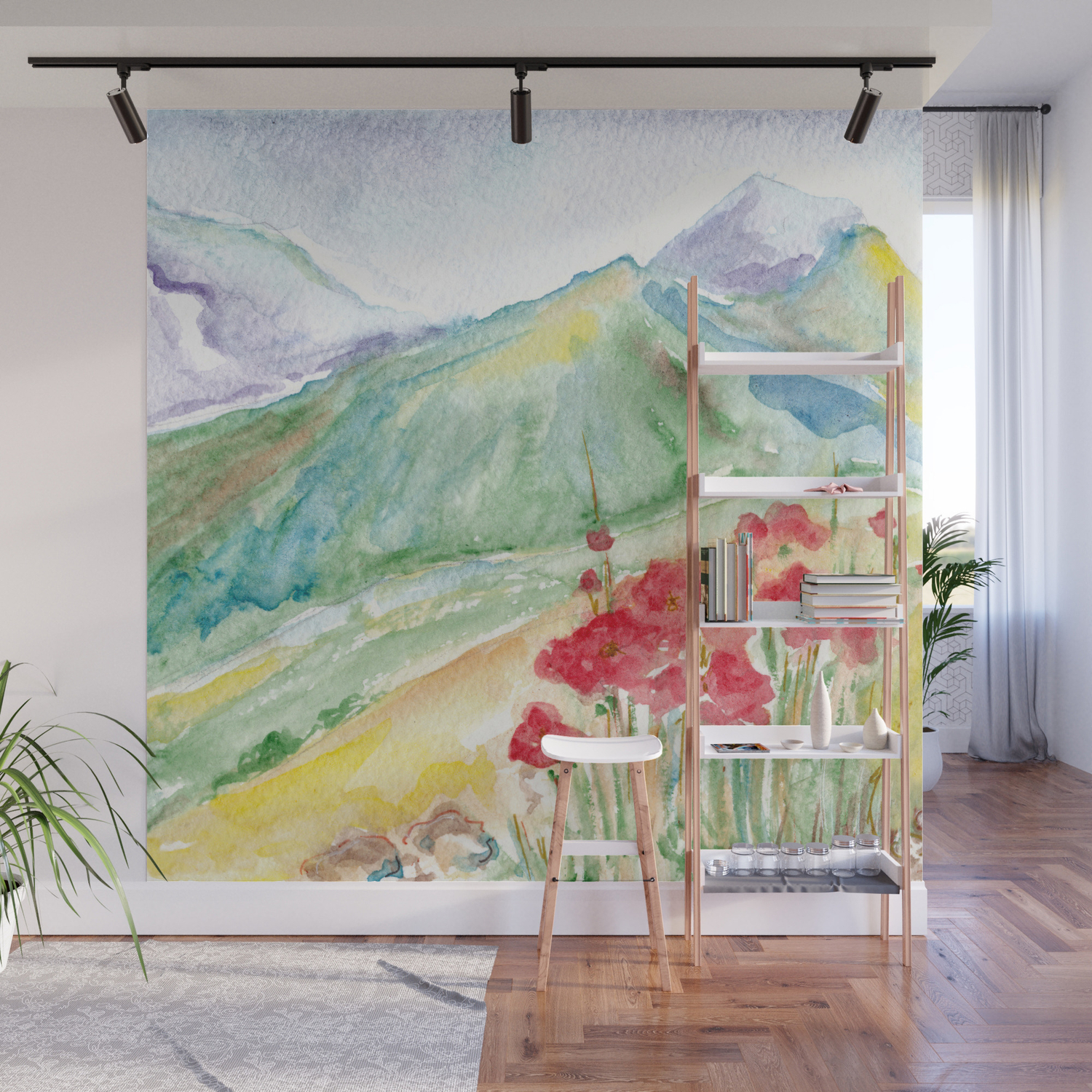 Mountain Flowers Abstract Watercolor Landscape Wall Mural By