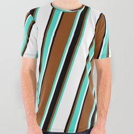 [ Thumbnail: Brown, Turquoise, White, and Black Colored Lines/Stripes Pattern All Over Graphic Tee ]