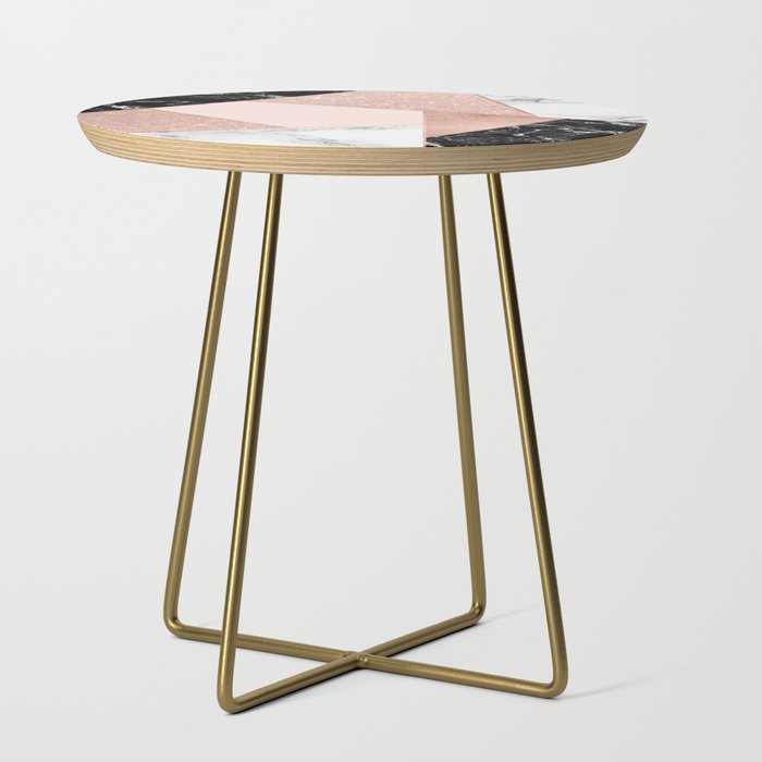 Modern Rose Gold Glitter Black White Marble Geometric Color Block Side Table By Girlytrend