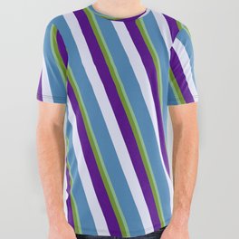 [ Thumbnail: Vibrant Dark Sea Green, Green, Indigo, Lavender, and Blue Colored Pattern of Stripes All Over Graphic Tee ]