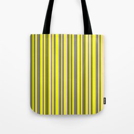 [ Thumbnail: Green, Yellow, Tan & Grey Colored Lined/Striped Pattern Tote Bag ]