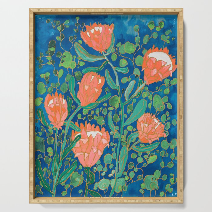 Coral Proteas On Blue Pattern Painting Serving Tray By Larameintjes Society6