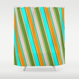 [ Thumbnail: Green, Cyan, Dark Orange, and Light Gray Colored Stripes/Lines Pattern Shower Curtain ]