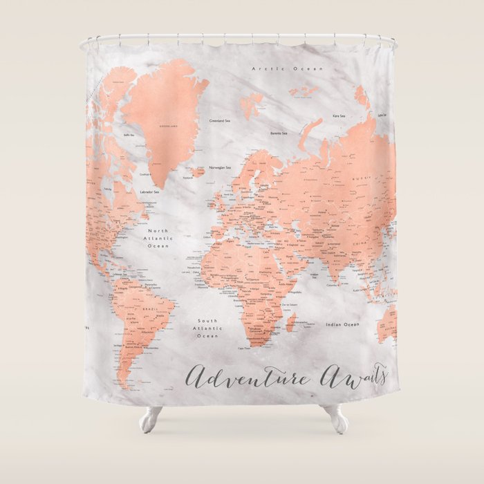 Adventure awaits world map in rose gold and marble, "Janine" Shower Curtain by