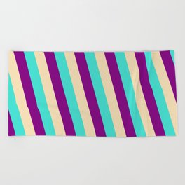 [ Thumbnail: Turquoise, Purple & Tan Colored Stripes/Lines Pattern Beach Towel ]