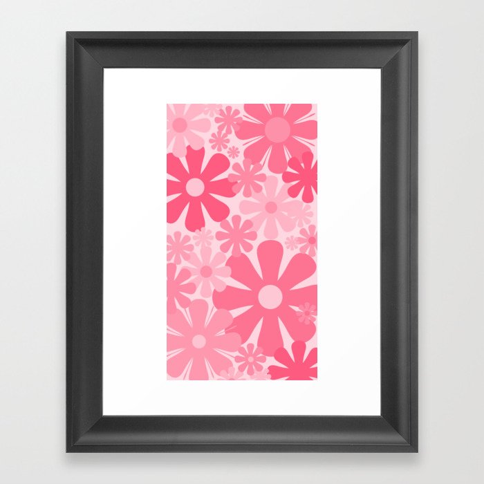 Retro 60s 70s Flowers - Vintage Style Floral Pattern Pink Framed Art Print