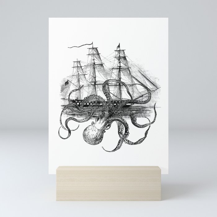 Octopus Attacks Ship on White Background Mini Art Print