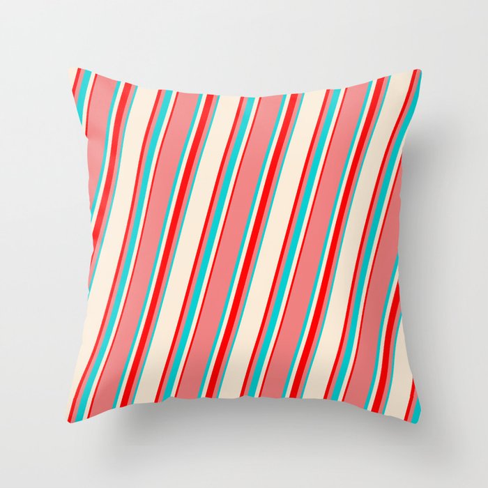 Light Coral, Dark Turquoise, Beige & Red Colored Lines/Stripes Pattern Throw Pillow