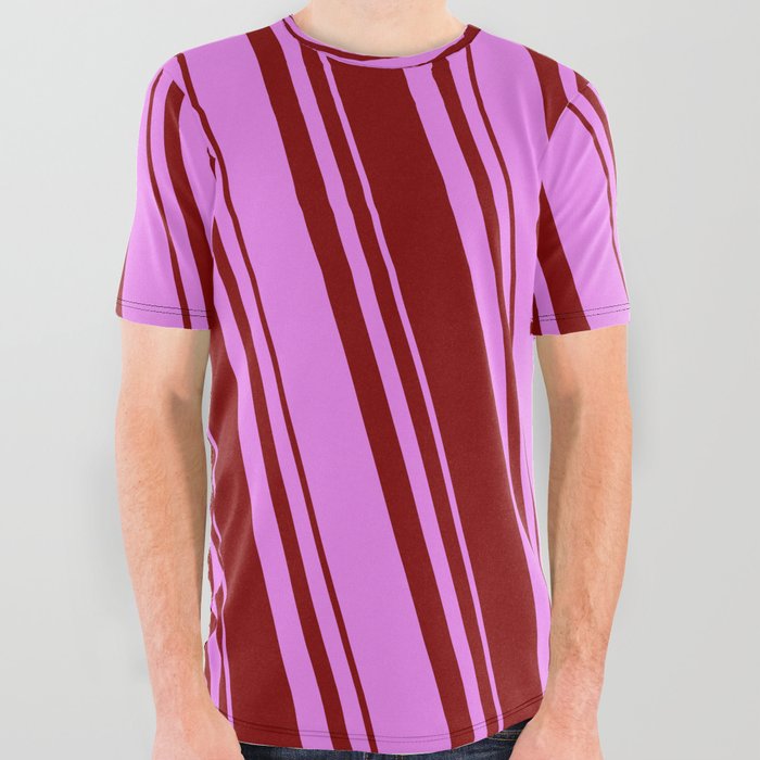 Maroon & Violet Colored Lined Pattern All Over Graphic Tee