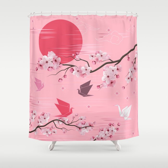 Cherry Blossoms and Origami Shower Curtain
