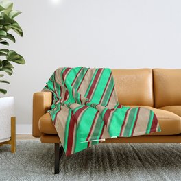 [ Thumbnail: Green, Maroon, Tan & Sea Green Colored Lined/Striped Pattern Throw Blanket ]