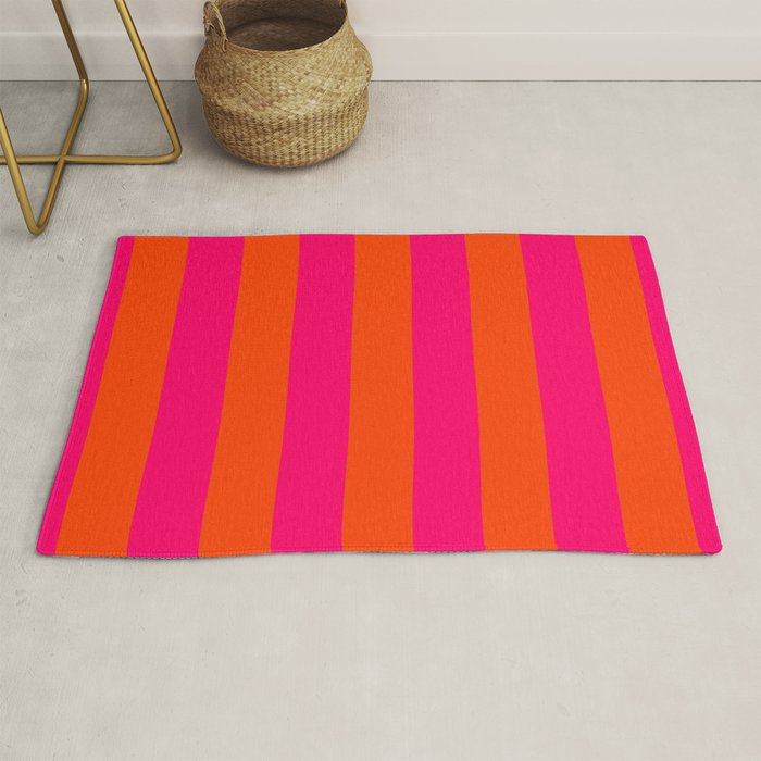 Bright Neon Pink and Orange Vertical Cabana Tent Stripes Rug by