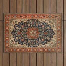 Central Persia 19th Century Authentic Colorful Dark Blue Red Tan Vintage Patterns Outdoor Rug