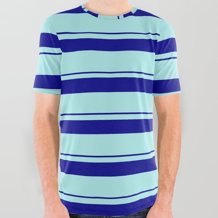Turquoise & Dark Blue Colored Stripes/Lines Pattern All Over Graphic Tee