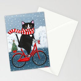 Winter Tuxedo Cat Bicycle Ride Stationery Card