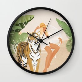 The Lady and the Tiger Wall Clock | Minimalism, Lion, Drawing, Plant, Leaf, Jungle, Flowers, Abstract, Woman, Summer Vibes 