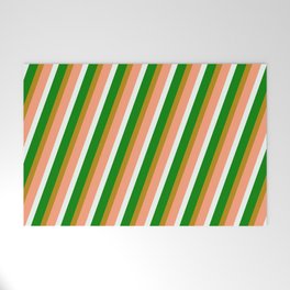 [ Thumbnail: Dark Goldenrod, Light Salmon, Mint Cream, and Green Colored Pattern of Stripes Welcome Mat ]