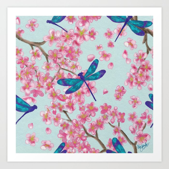 Dragonflies and Cherry Blossoms Art Print