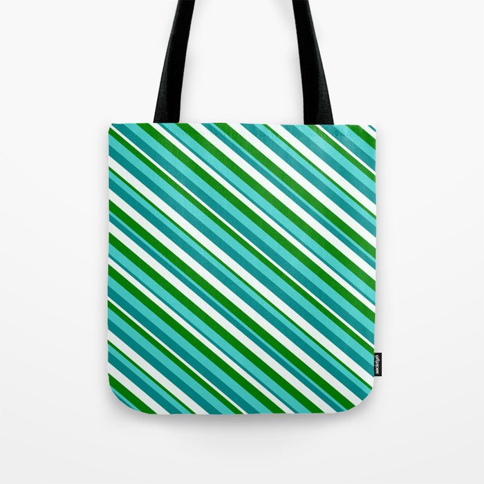 Turquoise, Dark Cyan, Mint Cream, and Green Colored Lined Pattern Tote Bag