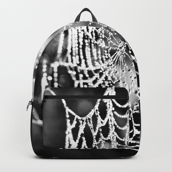 Spider's web with morning dew nature portrait black and white photograph - photography - photographs Backpack