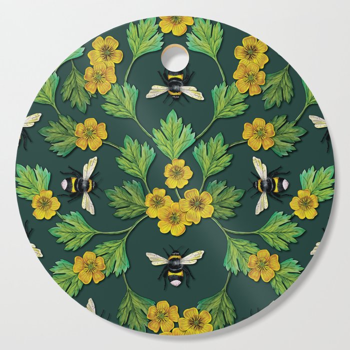 Bumblebees and Buttercups - Green & Yellow Floral/Botanical Pattern Cutting Board