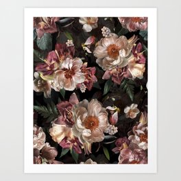 Dutch Lush Flower Midnight Garden  Art Print