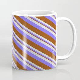 [ Thumbnail: Light Gray, Medium Slate Blue & Brown Colored Pattern of Stripes Coffee Mug ]