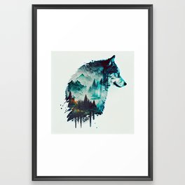 Wolf & Mountains II Double Exposure Framed Art Print