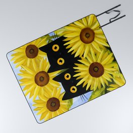 Black Cats and Sunflowers Picnic Blanket