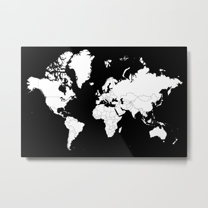 minimalist world map white on black background metal print