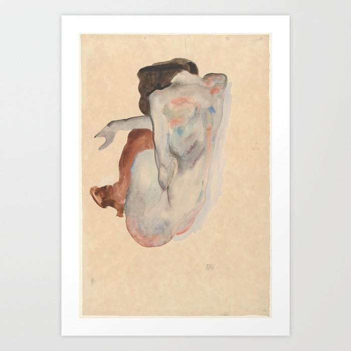 Crouching Nude in Shoes and Black Stockings, Back View - Egon Schiele Art Print