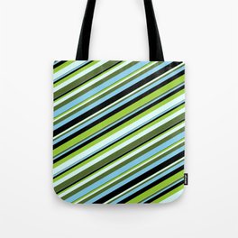 [ Thumbnail: Colorful Green, Light Cyan, Dark Olive Green, Sky Blue & Black Colored Lines/Stripes Pattern Tote Bag ]