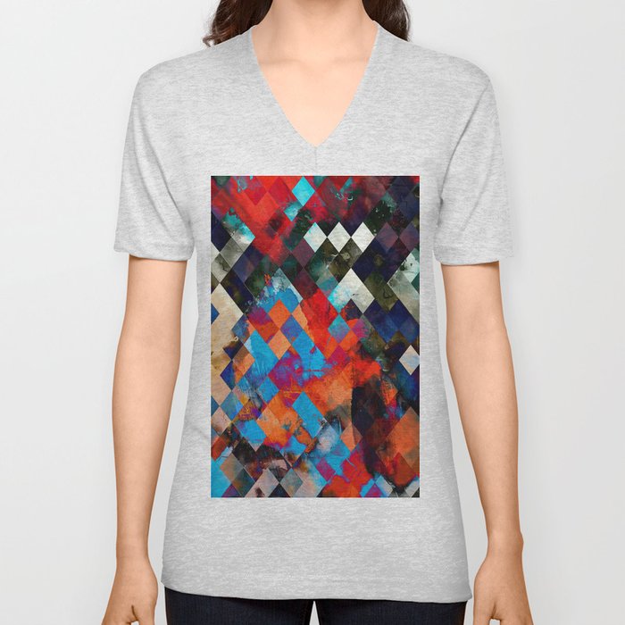 geometric pixel square pattern abstract background in red blue orange V Neck T Shirt