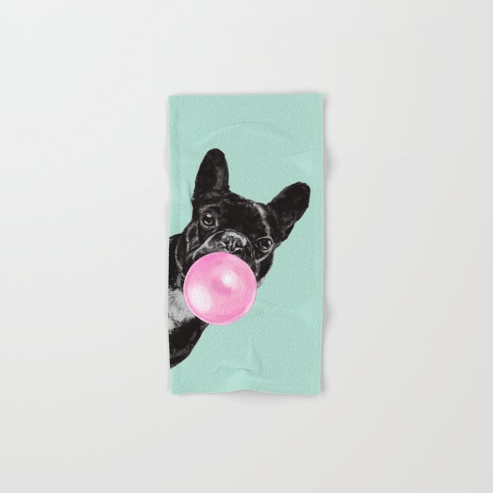 Bubble Gum Sneaky French Bulldog in Green Hand & Bath Towel