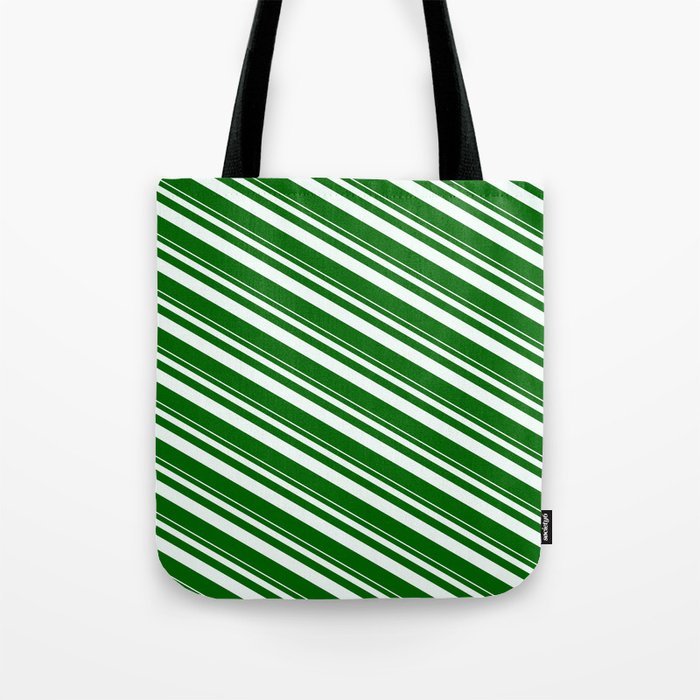 Mint Cream & Dark Green Colored Lined Pattern Tote Bag
