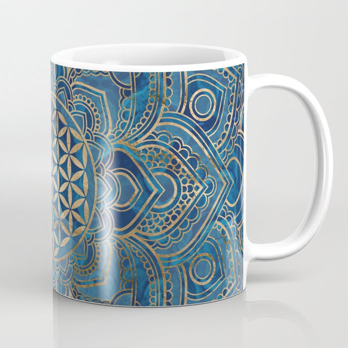 Flower of Life in Lotus Mandala - Blue Marble and Gold Coffee Mug