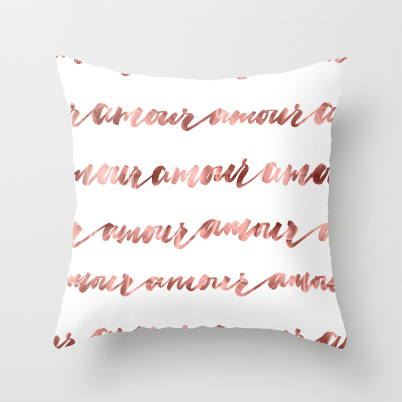 Amour French Love Script Rose Gold Typography Pattern Throw Pillow