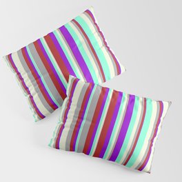 [ Thumbnail: Dark Violet, Red, Dark Grey, Beige & Aquamarine Colored Striped Pattern Pillow Sham ]