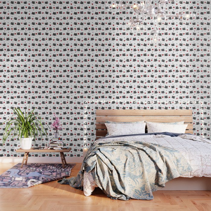 Cute cat faces, hearts and dots pattern Wallpaper