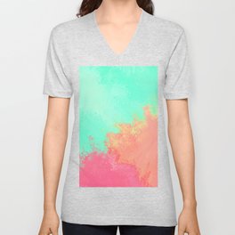 Hand Painted Pink Teal Coral Watercolor Abstract Colorblock V Neck T Shirt